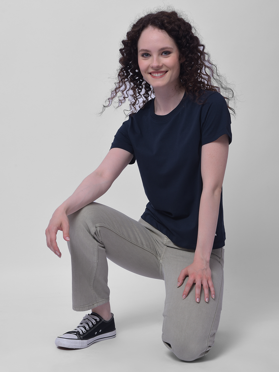 Numero Uno Women Solid Navy Blue Cotton T-Shirt